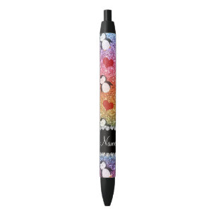 Personalized name rainbow glitter penguins hearts black ink pen