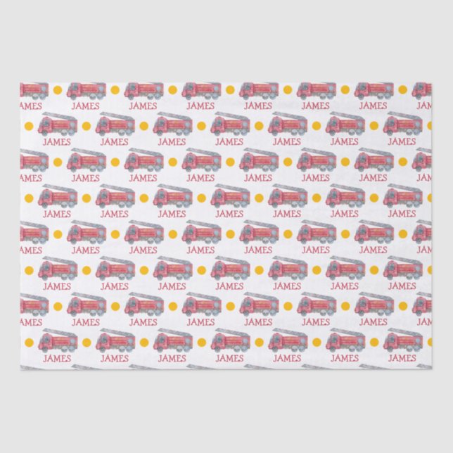 Personalized Name Red Fire truck Party Tissue Paper (Front)