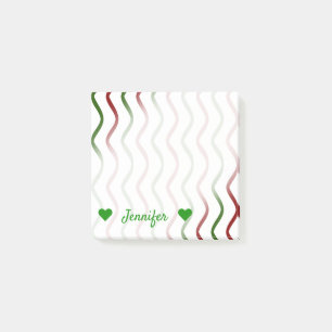 Personalized Name + Red & Green Wavy Lines Pattern Post-it Notes