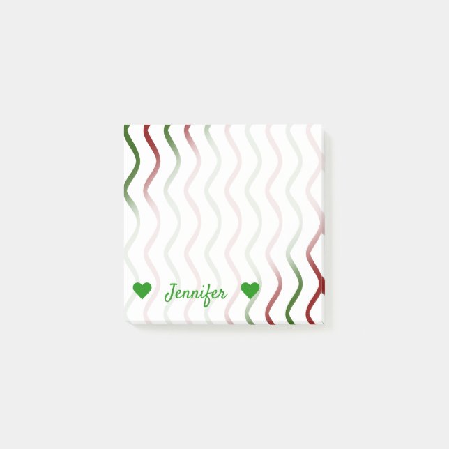 Personalized Name + Red & Green Wavy Lines Pattern Post-it Notes (Front)