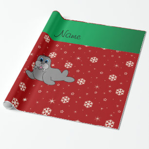 Personalized name red snowflake walrus wrapping paper
