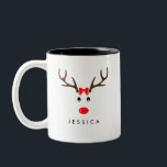 Personalized Name Reindeer Xmas Holiday Two-Tone Coffee Mug<br><div class="desc">Personalized name Christmas holiday mug with cute reindeer face design with bow.</div>