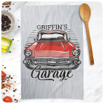 Personalized NAME Retro Red Classic Car Garage Tea Towel<br><div class="desc">Personalized NAME Retro Classic Car Cruiser Garage Design - Vintage Tri-Five Automobile - FAUX Metal Look - Customize with your Name or Custom Text!</div>
