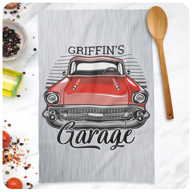 Personalized NAME Retro Red Classic Car Garage Tea Towel (Creator Uploaded)