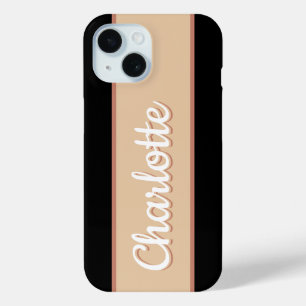 Personalized Name Retro Stripe Beige Black iPhone 15 Case