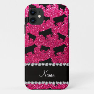 Personalized name rose pink glitter cows iPhone 11 case