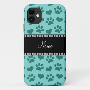 Personalized name seafoam green hearts and paws iPhone 11 case