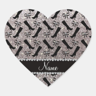 Personalized name silver glitter boots bows heart sticker