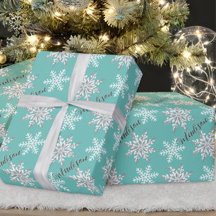 Personalized Name Silver Snowflake Teal Gift Wrapping Paper