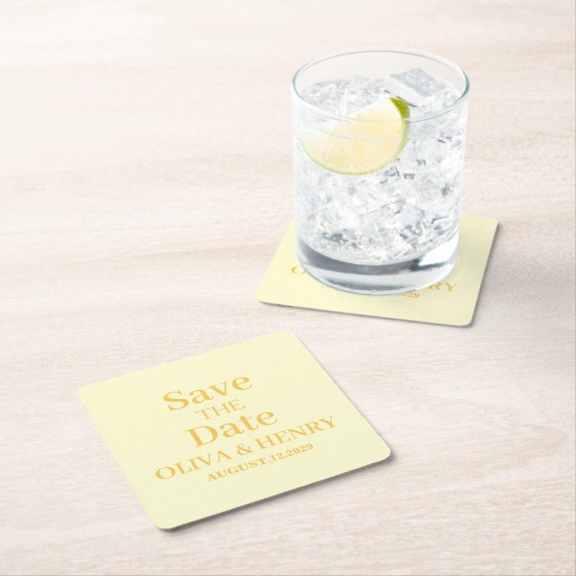 PERSONALIZED NAME SIMPLE STYLISH SAVE THE DATE SQUARE PAPER COASTER (Insitu)