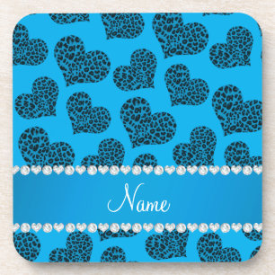 Personalized name sky blue leopard hearts coaster