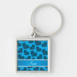 Personalized name sky blue leopard hearts key ring