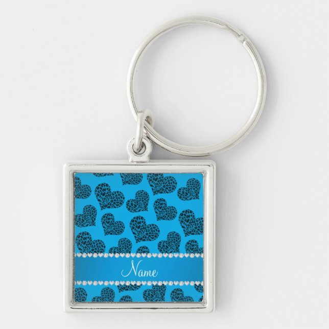 Personalized name sky blue leopard hearts key ring (Front)