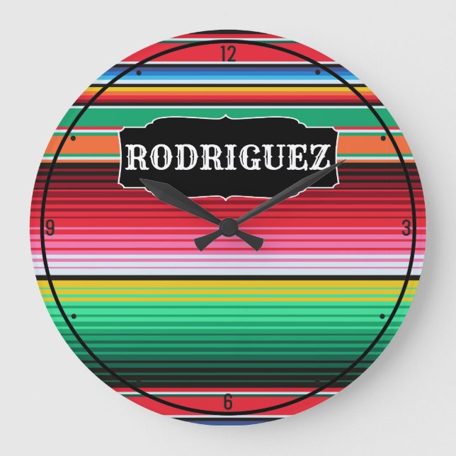 Personalized Name Spanish Serape Mexican Blanket Large Clock (Front)