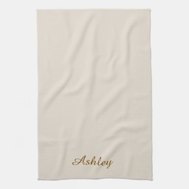 Personalized Name Stylish Modern Elegant Beige Tea Towel (Vertical)