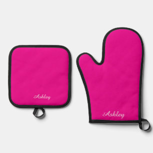 Personalized Name Stylish Modern Elegant Hot Pink Oven Mitt & Pot Holder Set