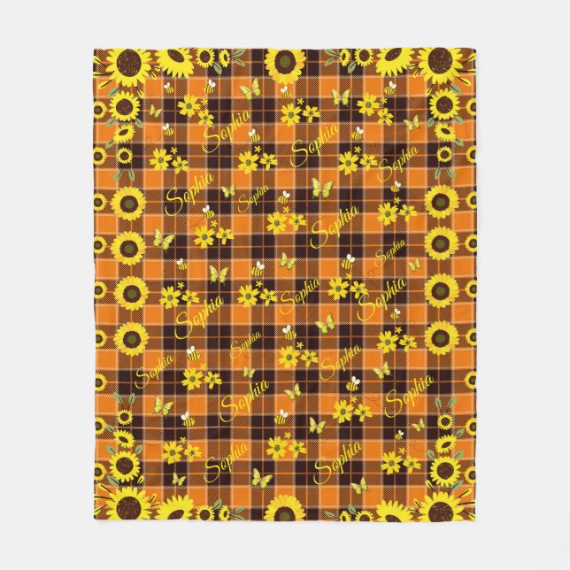 Personalized Name Sunflower Cozy Farm Fleece Blanket (Front)
