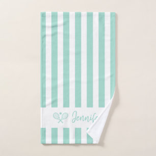 Personalized Name Tennis Aqua Blue Light Stripes Hand Towel