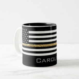 Personalized Name Thin Gold Line Glitter Flag Two-Tone Coffee Mug