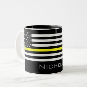 Personalized Name Thin Yellow Line Flag Two-Tone Coffee Mug