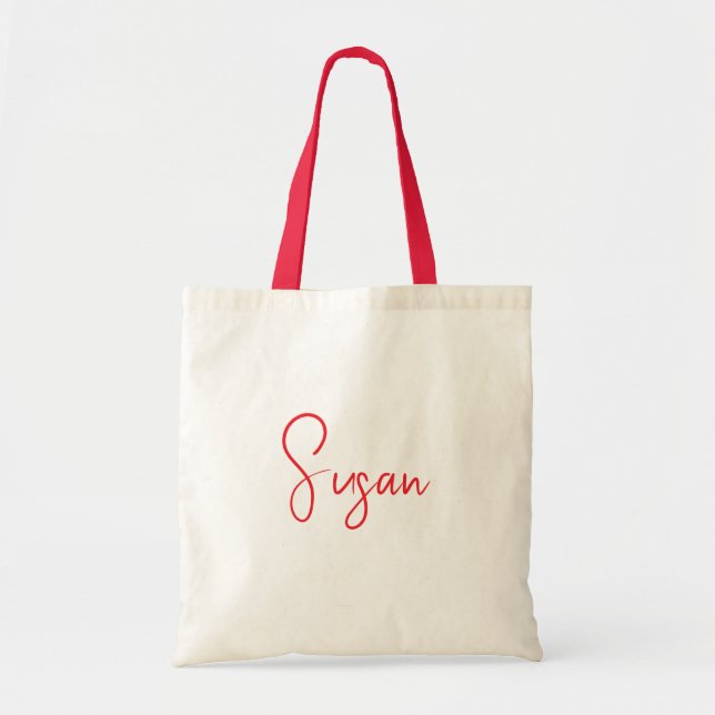 Personalized Name Tote Bag with Red Script Design (Front)