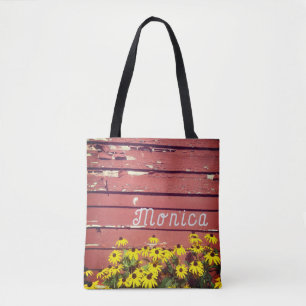 Personalized Name Tote with Rustic Wood & Flowers Bag