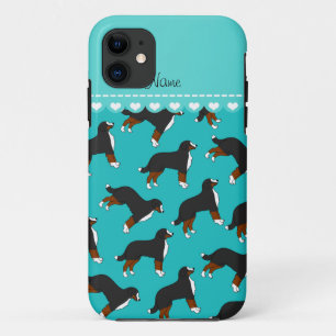 Personalized name turquoise Bernese Mountain dogs iPhone 11 Case