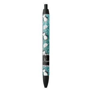 Personalized name turquoise glitter penguins igloo black ink pen
