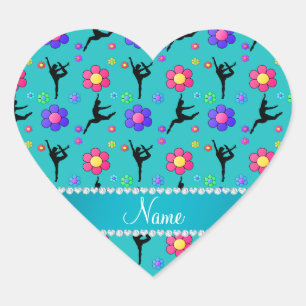 Personalized name turquoise gymnastics flowers heart sticker
