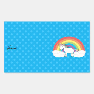 Personalized name unicorn blue polka dots rectangular sticker