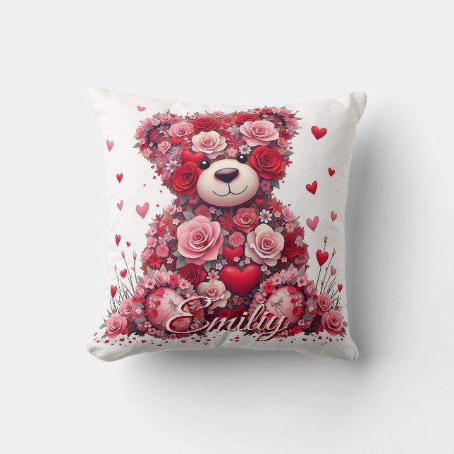 Personalized Name Valentine’s Day Floral Bear  Cushion (Front)