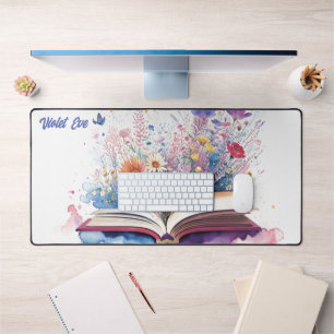 Personalized Name Watercolor Book and Flowers Desk Mat