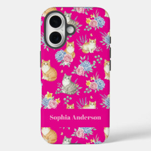 Personalized Name Watercolor Cats and Flowers  iPhone 16 Case