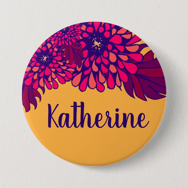 Personalized Name Whimsical Floral Pattern Yellow 7.5 Cm Round Badge (Front)