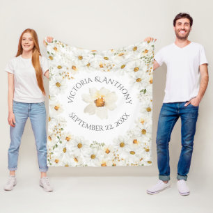 Personalized Names Date Daisy Floral Wedding Fleece Blanket