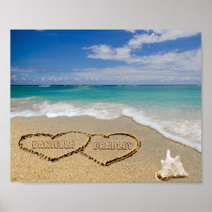 Personalized Names Hearts In Sand Picture Poster