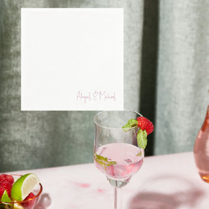 Personalized Names White & Pink Wedding Cocktail Napkin