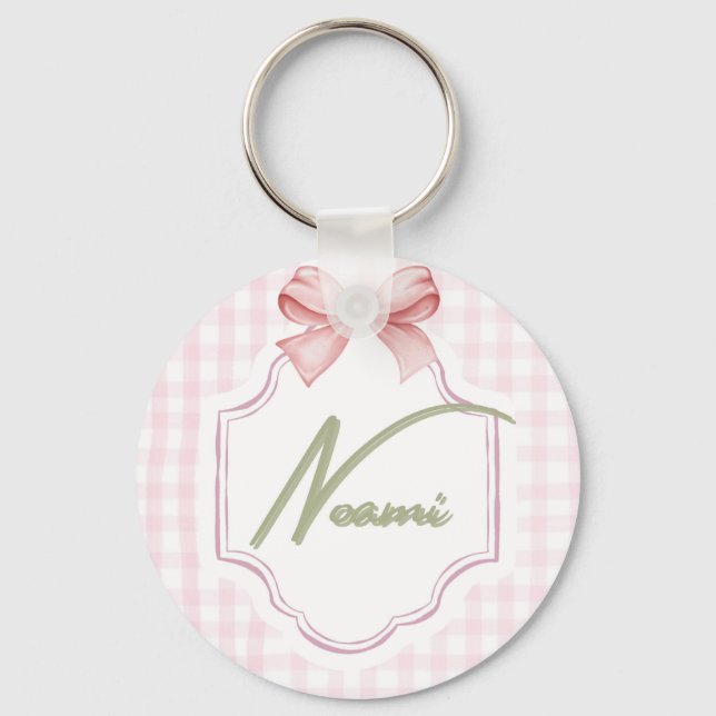 Personalized Naomi Baby Girl Nursery Bow&Gingham Key Ring (Front)