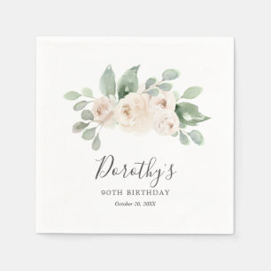 Personalized Napkins 90th Birthday White Rose