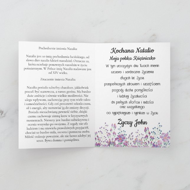Personalized Natalia Polish name day card (Inside)