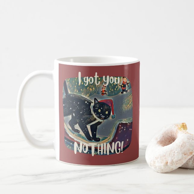 Personalized Naughty Black Cat Sled Funny Xmas Coffee Mug (With Donut)