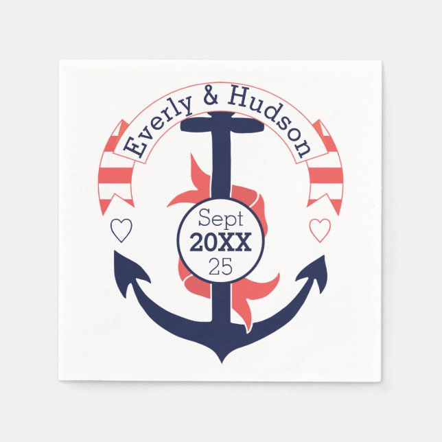 Personalized Nautical Navy Coral Wedding Anchor Napkin (Front)