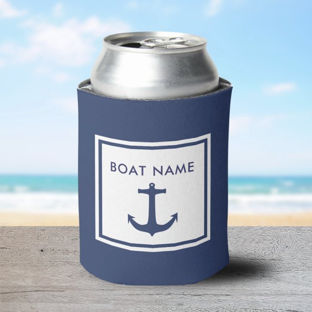 Personalized Nautical New Boat Name Blue Anchor Can Cooler (new boat owner gift idea for the captain of the boat.)