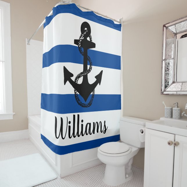 Personalized nautical stripes with ANCHOR | Shower Curtain (In Situ)