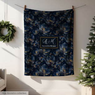 Personalized Navy Blanket Chic Gold Flowers Gift
