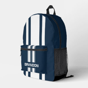 Personalized Navy Blue And White Racing Stripe Printed Backpack