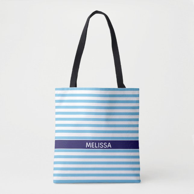 Personalized Navy Blue And White Striped Tote Bag (Front)