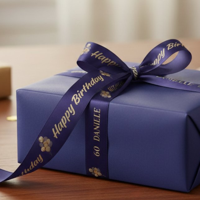 Personalized Navy Blue & Gold 60th Birthday Balloo Satin Ribbon (Creator Uploaded)