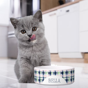 Personalized Navy Blue & Pink Plaid Pet Bowl
