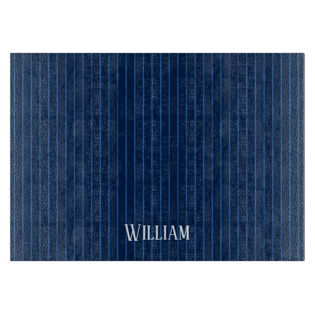Personalized navy blue pinstripes cutting board (Front)
